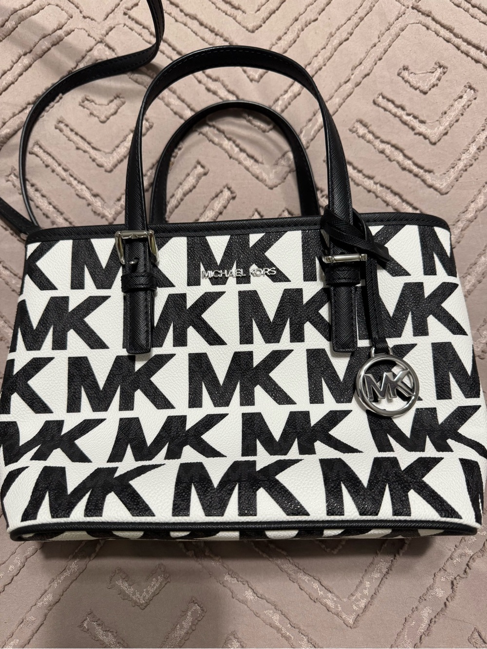 Michael Kors Black & White MK Logo Satchel with Silver Charm